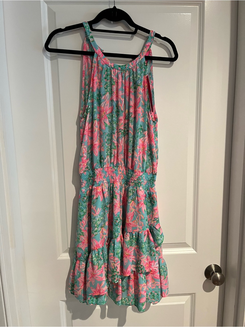 Lilly Pulitzer Aqua and Pink Floral Tiered Sundress